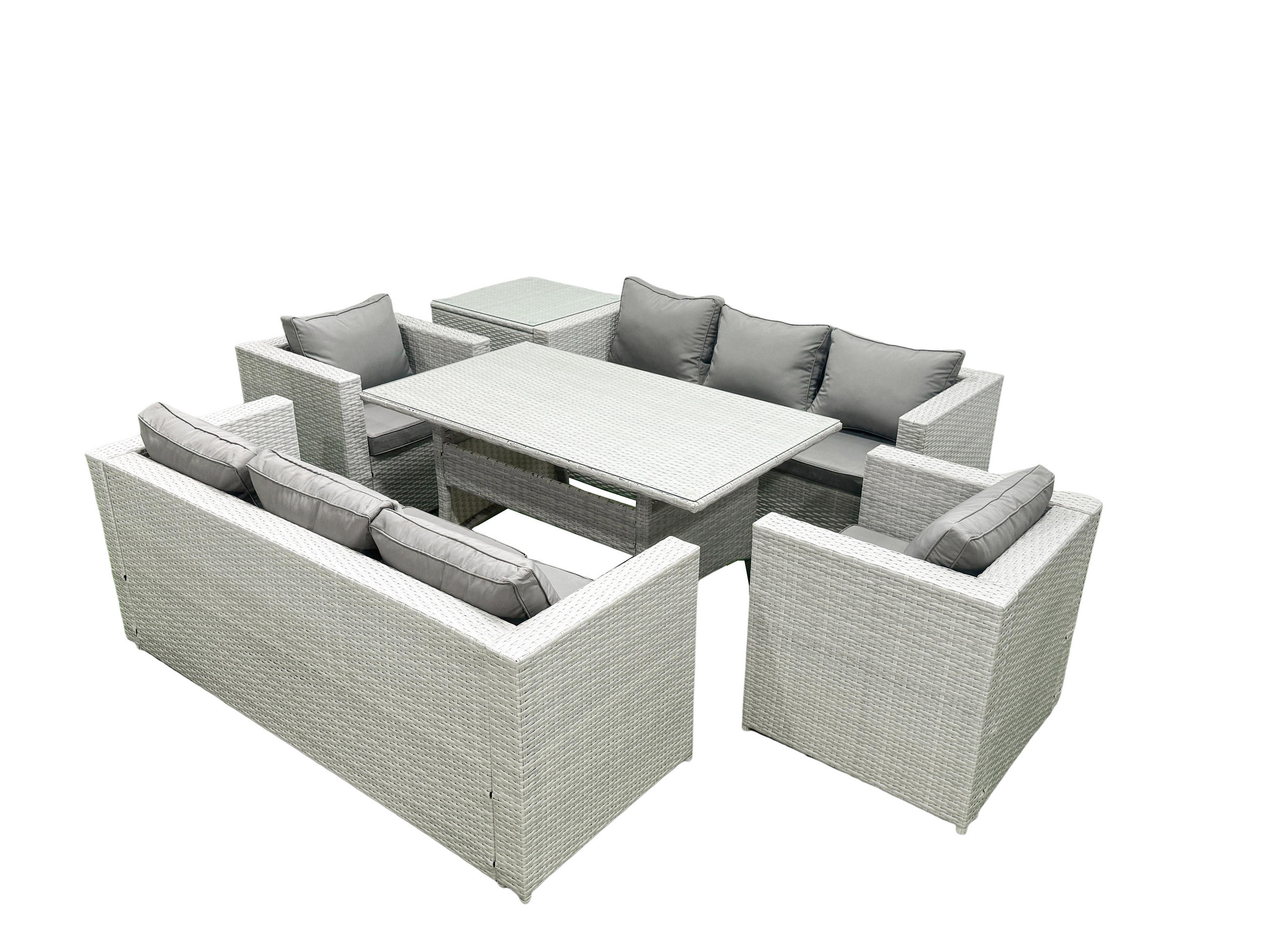 GARTENMÖBEL SET mit 3-Sitzer-Sofa und 2 Stühle, Esstisch,Beistelltisch Polyrattan Hellgrau 8-Sitzer - Hellgrau/Grau, Glas/Kunststoff - Fimous