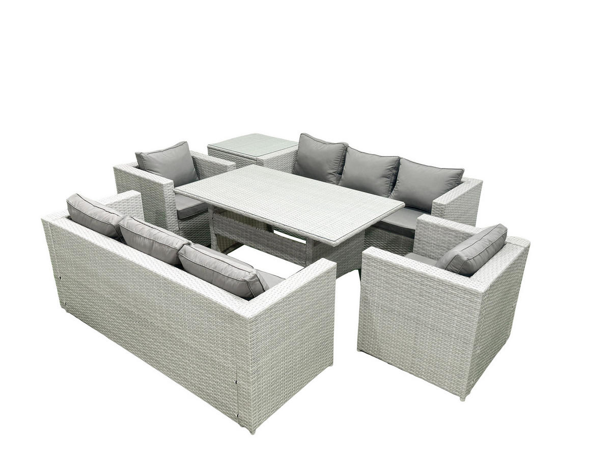 GARTENMÖBEL SET mit 3-Sitzer-Sofa und 2 Stühle, Esstisch,Beistelltisch Polyrattan Hellgrau 8-Sitzer - Hellgrau/Grau, Glas/Kunststoff - Fimous