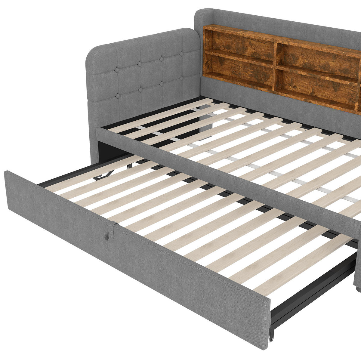 TAGEBETT 90x200cm + 180x200cm Grau Leinen Ausziehbett USB-C - Grau, Holz (180/200cm) - FLIEKS