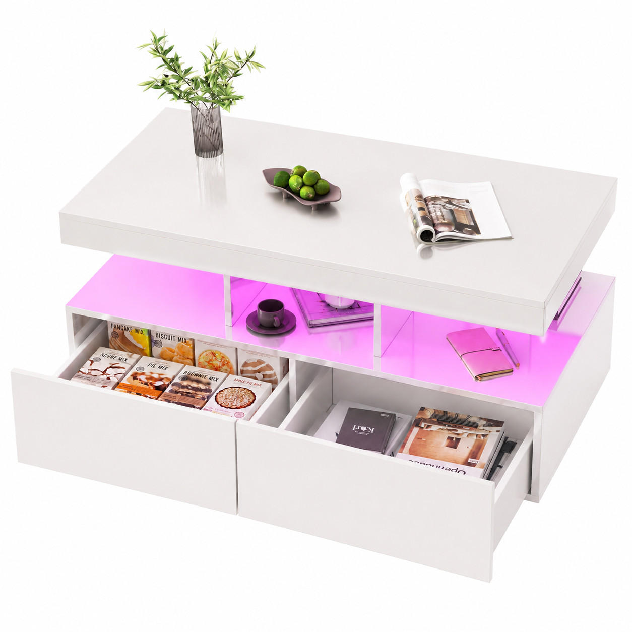 COUCHTISCH mit LED-Beleuchtung und Stauraum, elegantes Design - Weiß, Holz (104/53/46cm) - Joyfair
