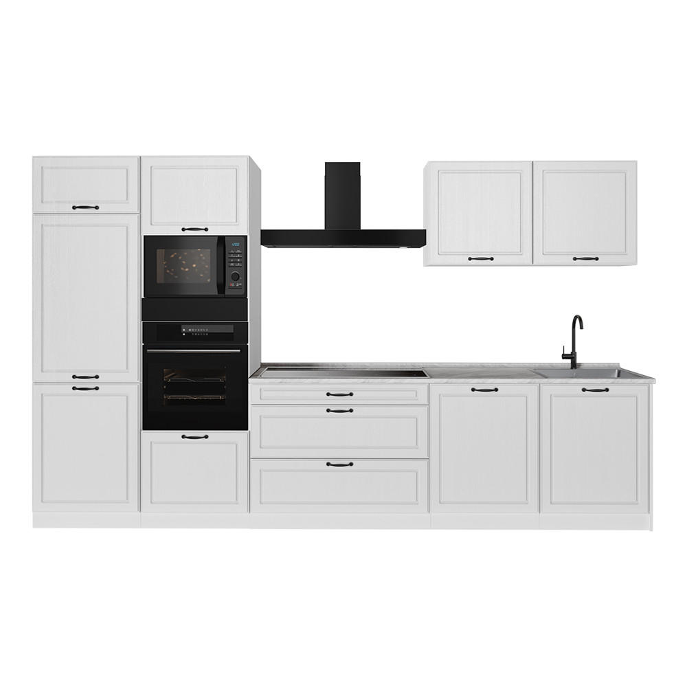 KÜCHENZEILE R-Line, Weiß Landhaus/Weiß, 340 cm Arbeitsplatte Marmor - Weiß, Holzwerkstoff (340/206.8/60cm) - Vicco