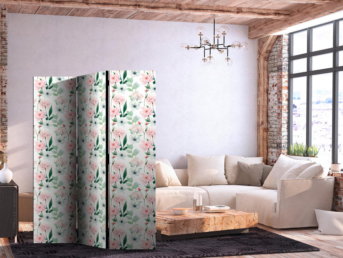 PARAVENT Beidseitig Bedruckter 3-tlg 135x172 cm Pfingstrosen Blumenmuster - Multicolor, Holz/Textil (135/172/3cm) - Muralo
