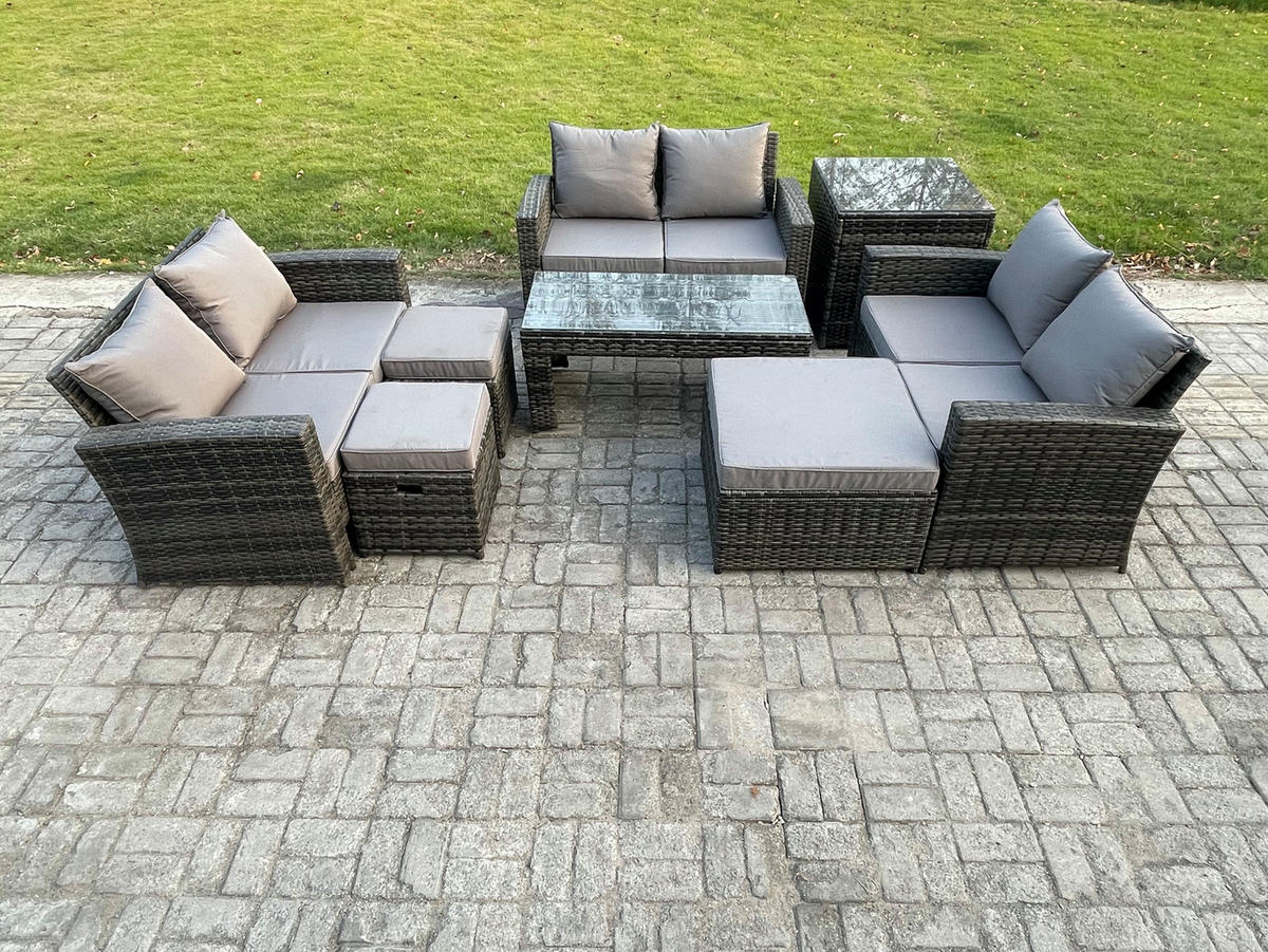 GARTENMÖBEL SET MIT COUCHTISCH DOPPELSITZ-SOFA 3 HOCKER BEISTELLTISCH Polyrattan Dunkelgrau Gemischt 9-Sitzer - Dunkelgrau, Metall - Fimous