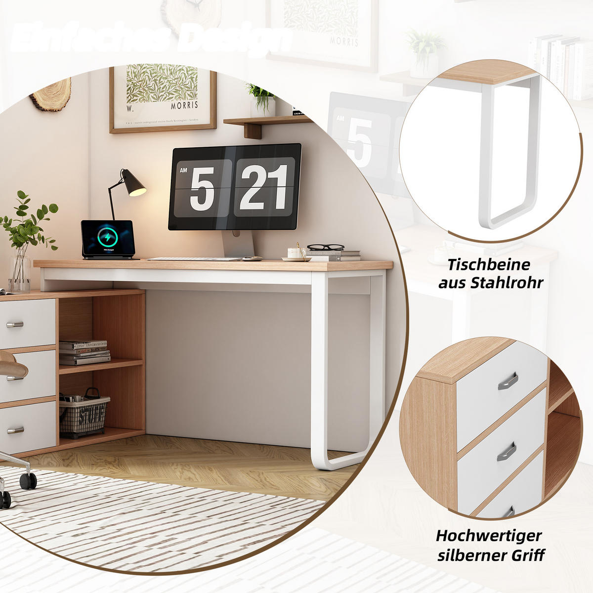 BÜROSCHREIBTISCH in natur & weiß mit stahlgestell, 3 schubladen & 2 offenen fächern - Naturfarben, Holzwerkstoff (100/147/75.3cm) - Urban Meuble