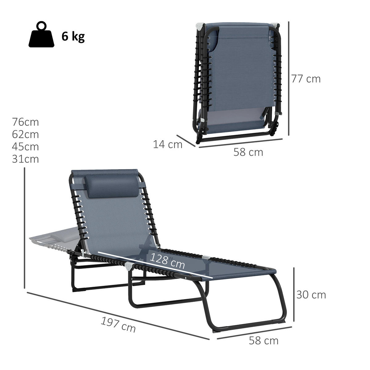 SONNENLIEGE DE-15603 4-fach verstellbar, mit elastischen Schnürsenkeln Grau/Schwarz - Grau, Metall (58/30/189cm) - ComfortXL