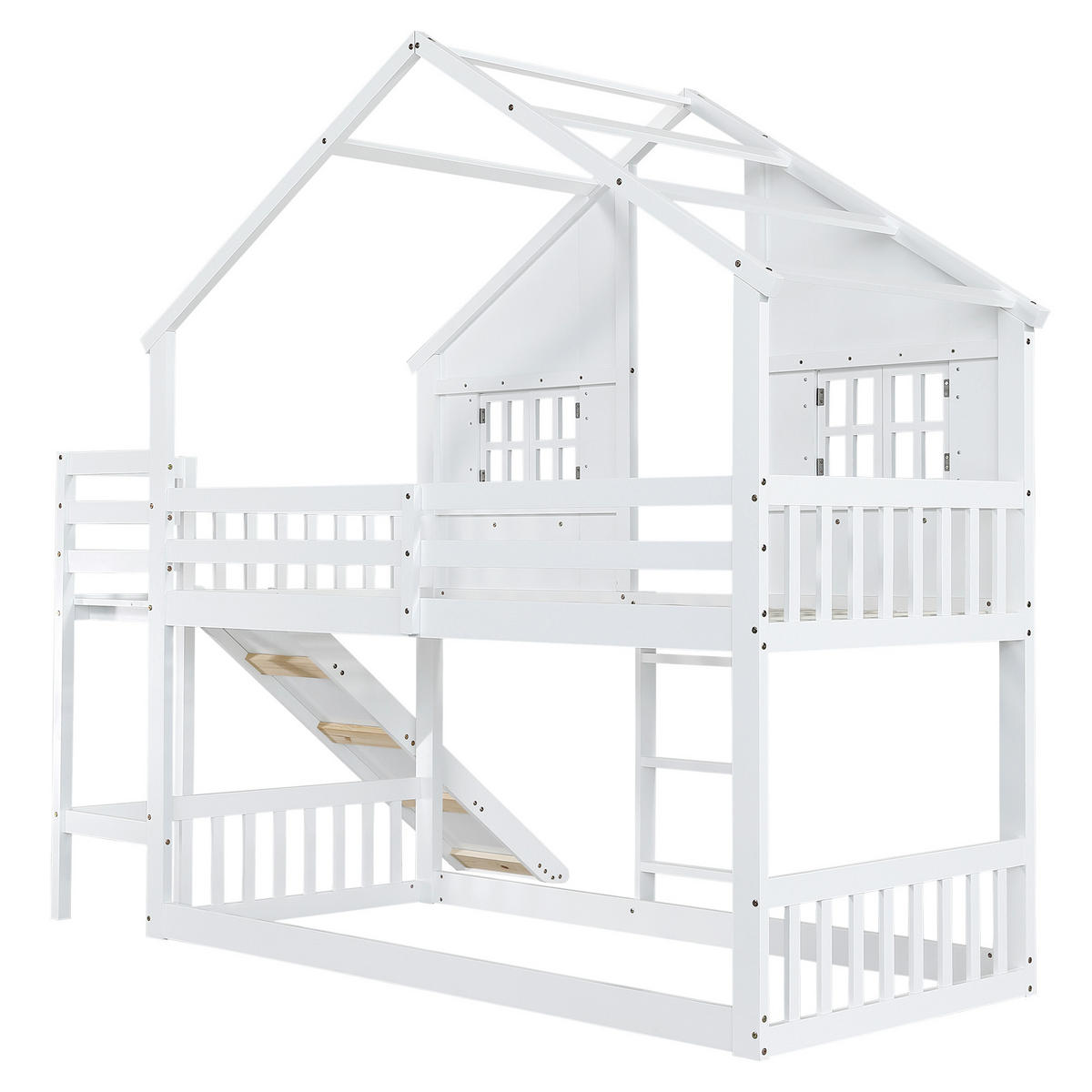 SPIELBETT 90/200 cm DE-02345, in Weiß, mit Rutsche, Dach, Fenstern und Leiter - Weiß, Holz/Holzwerkstoff (90/200cm) - ComfortXL