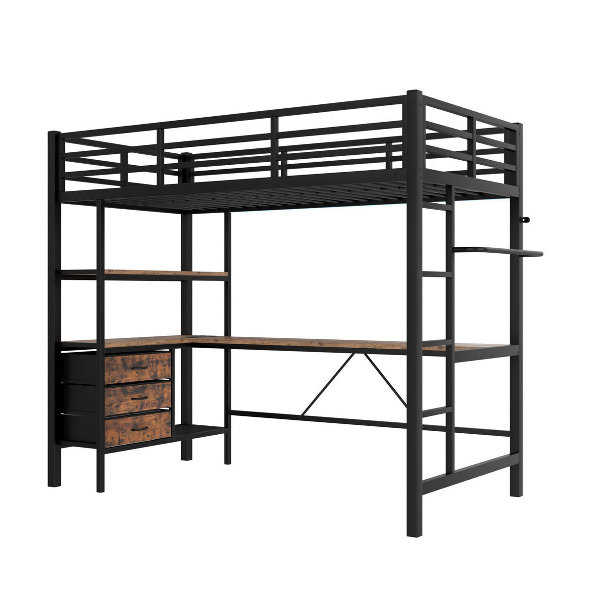 HOCHBETT 90/200 cm Schwarz mit LED und Schreibtisch ohne Matratze - Schwarz, Metall (90/200cm) - MIVRAY