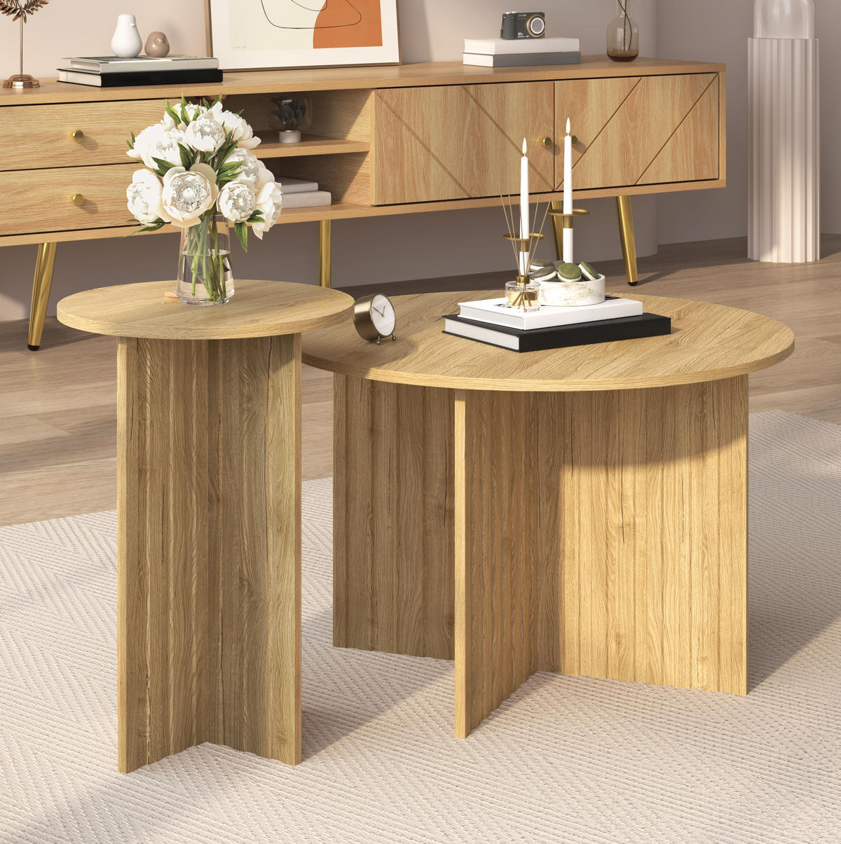 RUNDE Couchtische & Kaffeetische im skandinavischen Design 76/76/50 cm und 40/40/56,5 cm Naturfarben - Naturfarben, Holzwerkstoff (116/116/56.5cm) - Redom