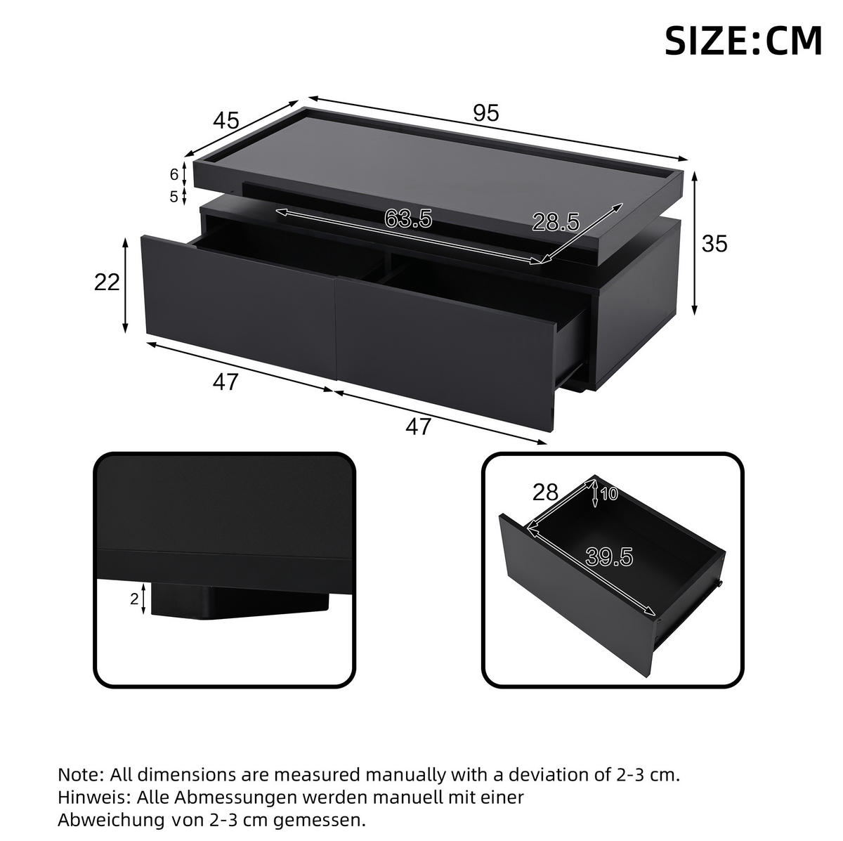 COUCHTISCH 95/45/35 cm in Schwarz aus Spanplatte mit LED und 2 Schubladen - Schwarz, Holzwerkstoff (95/45/35cm) - OKMYHOME