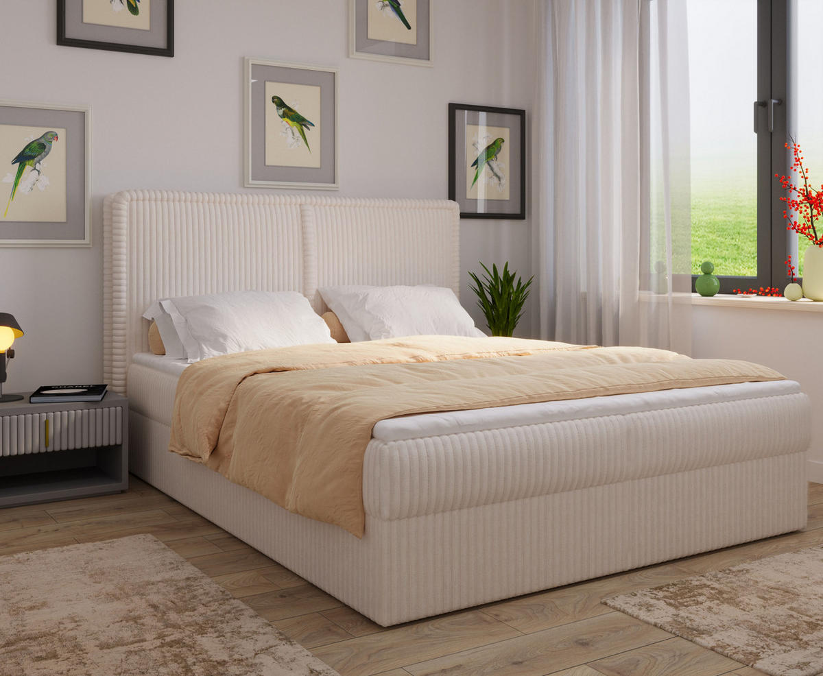 BOXBETT 04 180 x 200 cm - Ambience – Modernes Polsterbett mit Bettkasten, Topper und gepolstertem Kopfteil, Stoffbezug, Stauraumbett - Creme, Holz (180/200cm) - ROYAL24_MARKT