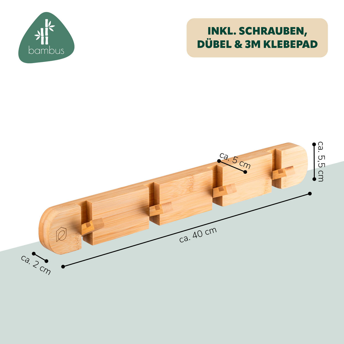 HAKENLEISTE, Bambus - Braun, Holz (40/5.5/5cm) - eluno