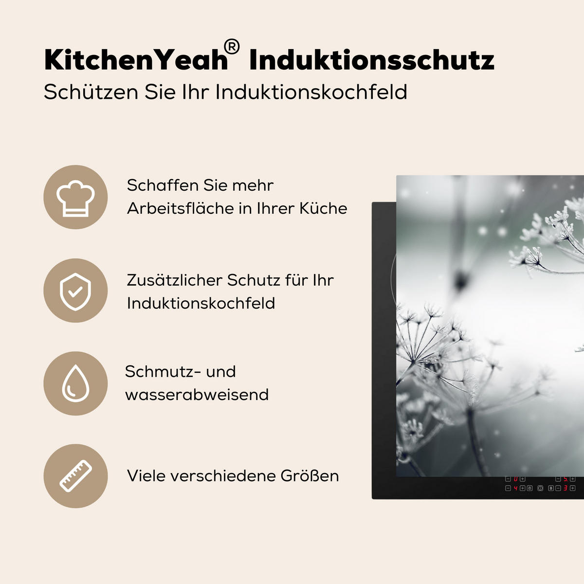 HERDABDECKPLATTE Blumen - Winter - Schnee - Natur Induktionsmatte 78x78 cm - Grau, Kunststoff (78/78/0.2cm) - MuchoWow