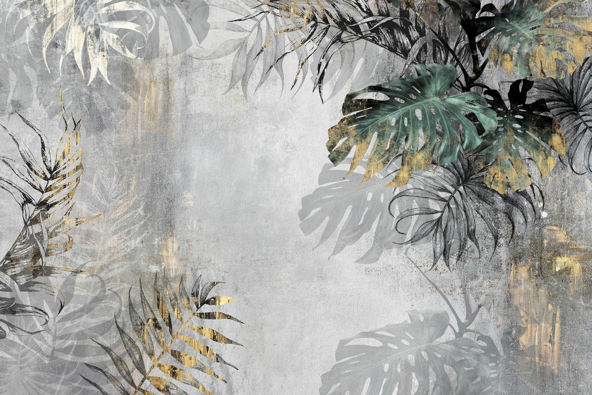 FOTOTAPETE Tropische Blätter Beton Optik Vintage Stil 520x318cm - Beige/Schwarz, Papier (520/318cm) - Muralo
