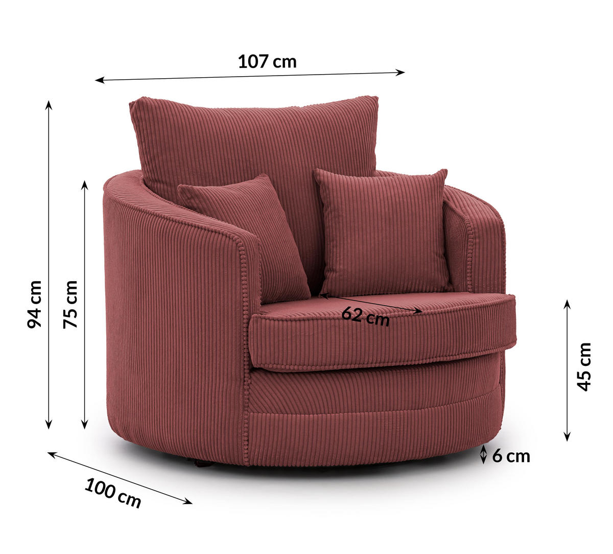 DREHSESSEL Ted aus Terrakotta Cord-Stoff - Terra cotta/Schwarz, Holz/Textil (107/94/100cm) - S-Style Möbel