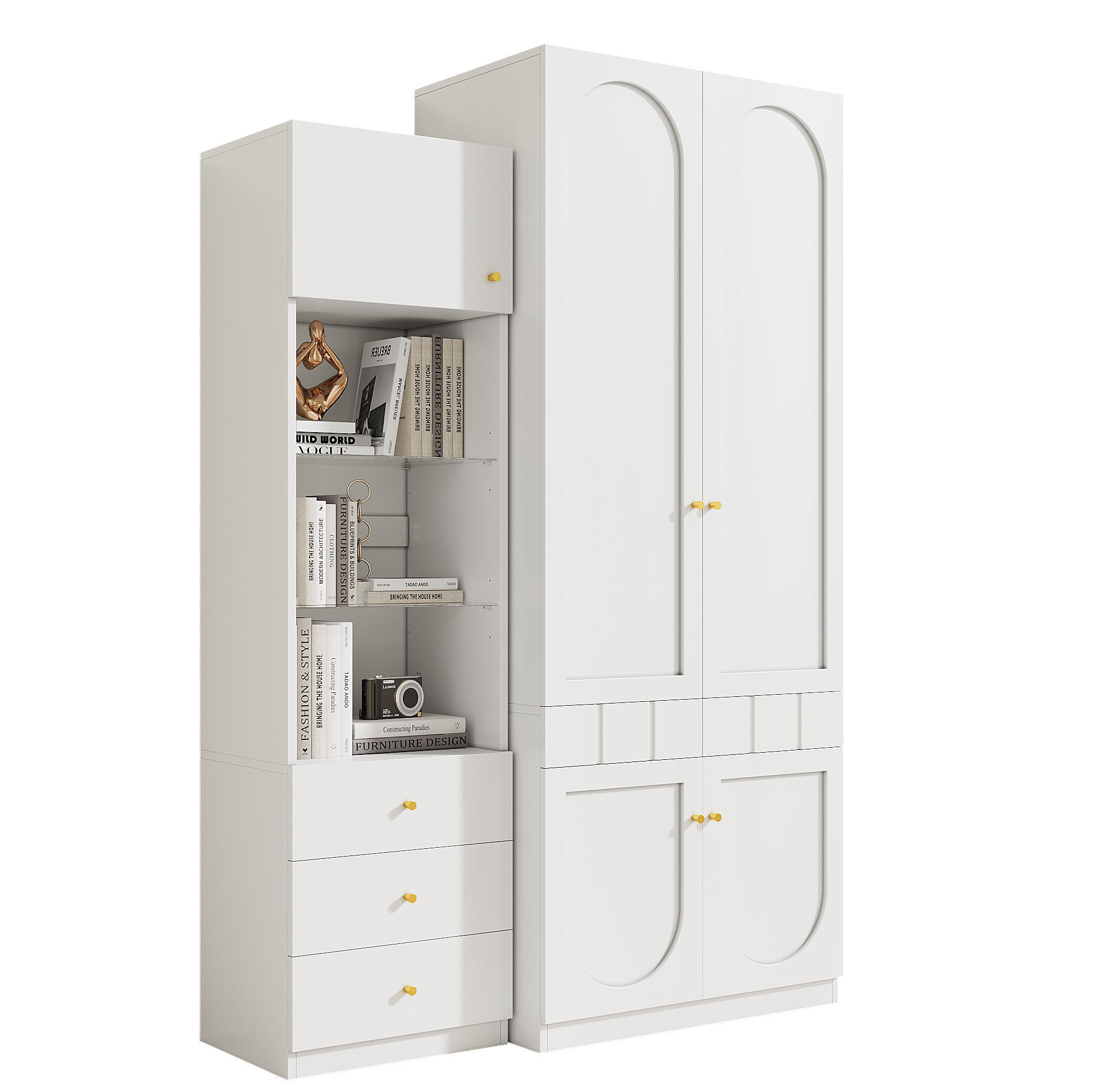 KLEIDERSCHRANK-SET 80/50/200 und 50/40/180 cm weiß aus MDF mit Stauraum und Schubladen - Weiß, Holzwerkstoff (50/180/40cm) - OKWISH
