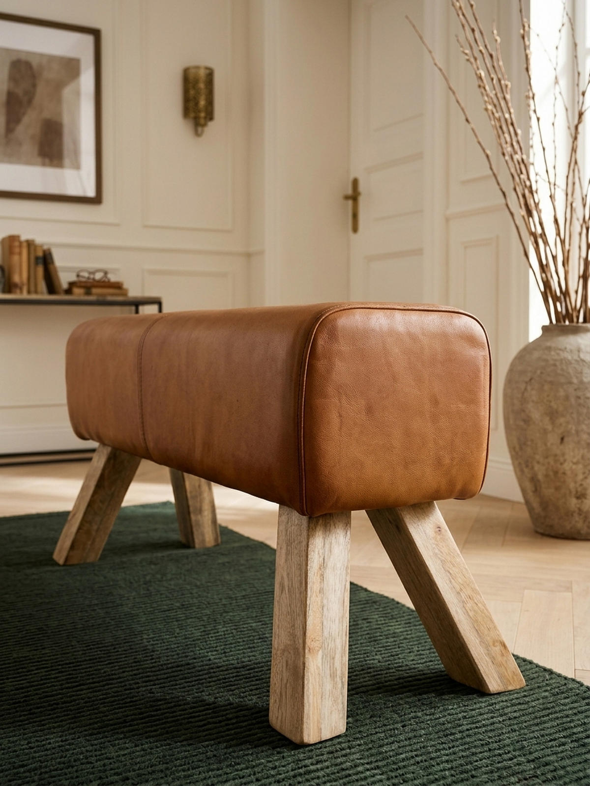 SITZHOCKER – Leder/Mango-Holz, 90x30x43 cm, Braun - Braun, Mangoholz/Leder (90/43/30cm) - KADIMA DESIGN