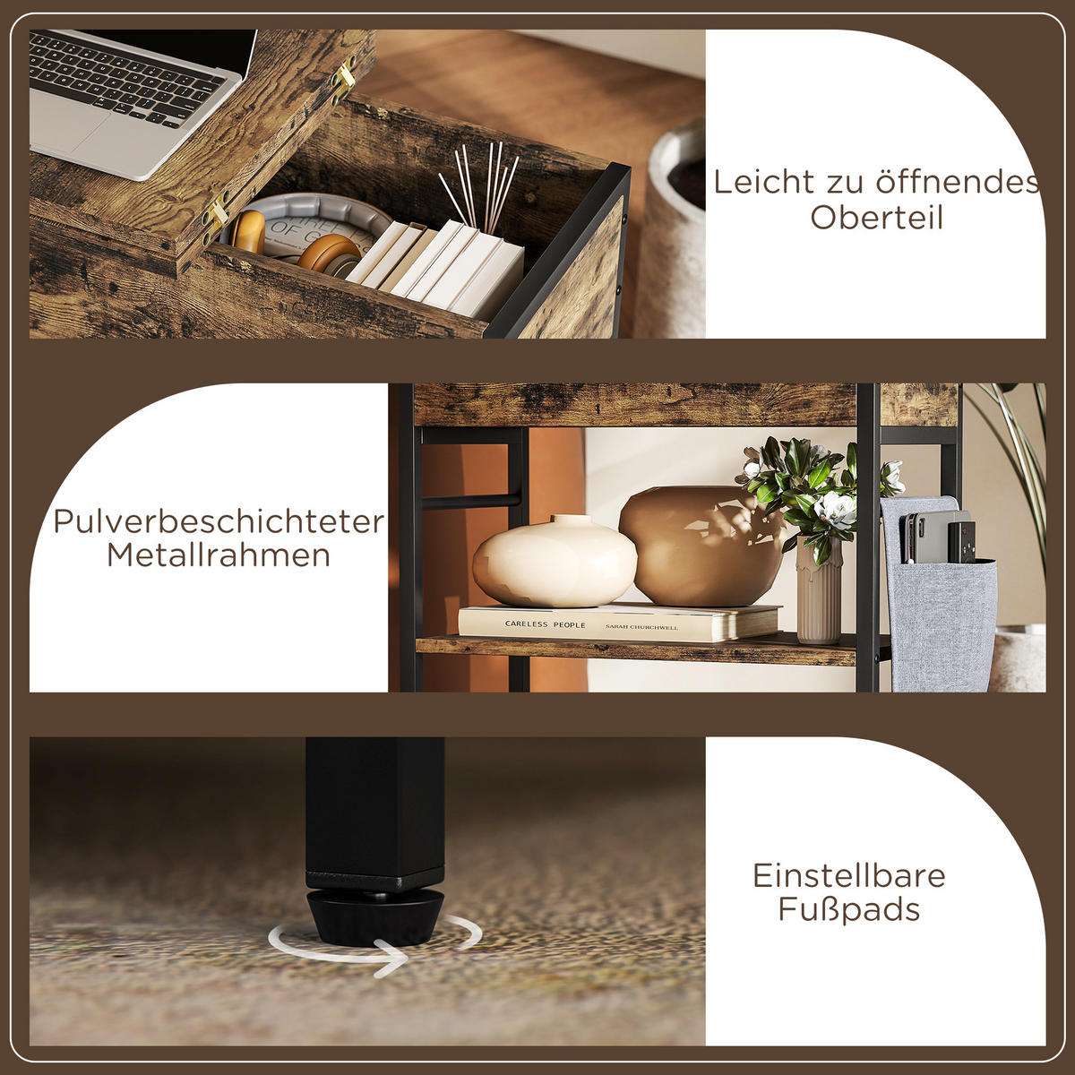 BEISTELLTISCH Nachttisch mit Steckdosenleiste, 2 Ebenen, Couchtisch mit USB - Schwarz/Braun, Metall (60/29.8/58.5cm) - HOMCOM