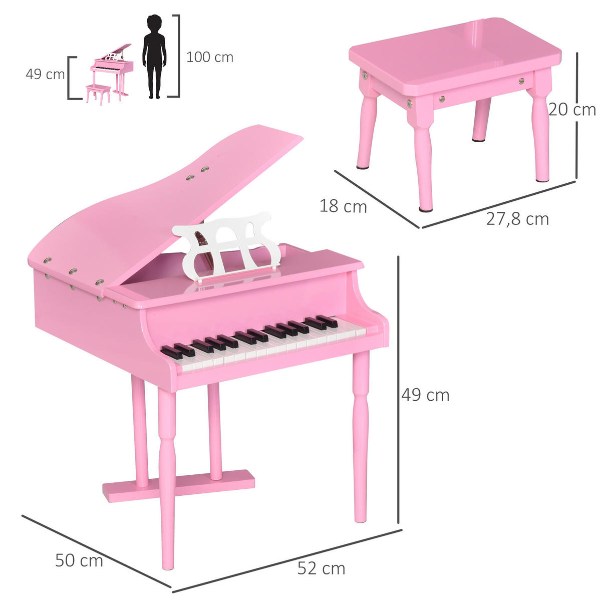 KINDERFLÜGEL DE-18653 30 Tasten, mit Hocker und Notenständer Pink - Pink, Holzwerkstoff (50/49/52cm) - ComfortXL