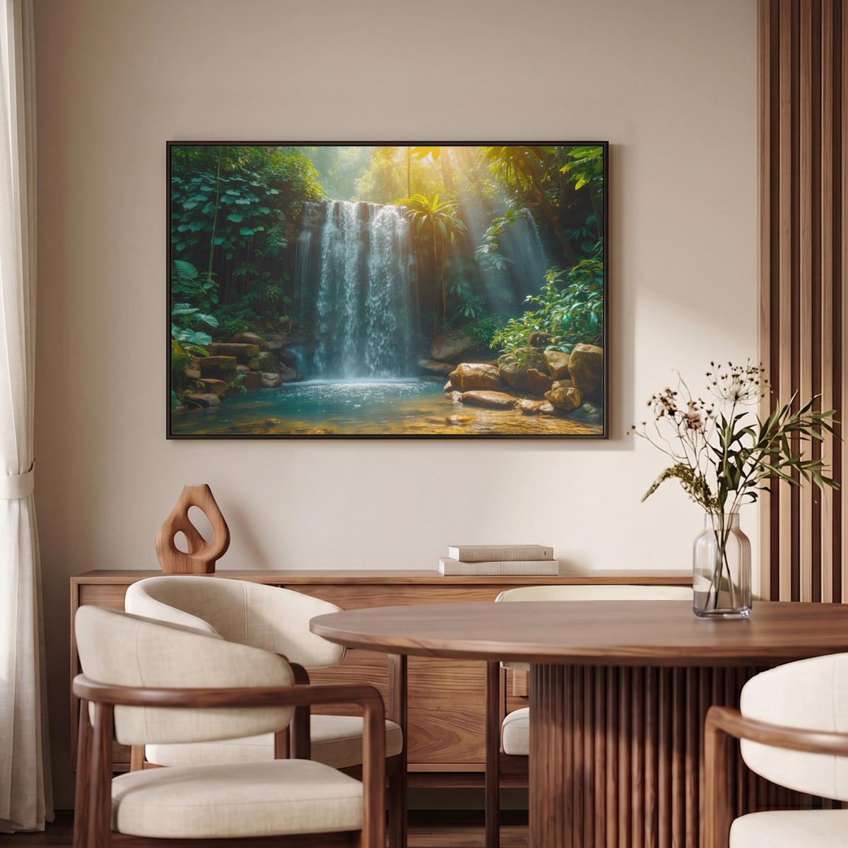 LEINWAND Bilder mit Rahmen - Wasserfall - Dschungel - Sonne - Grün - Natur - 90x60 - Grün, Textil (90/60cm) - MuchoWow