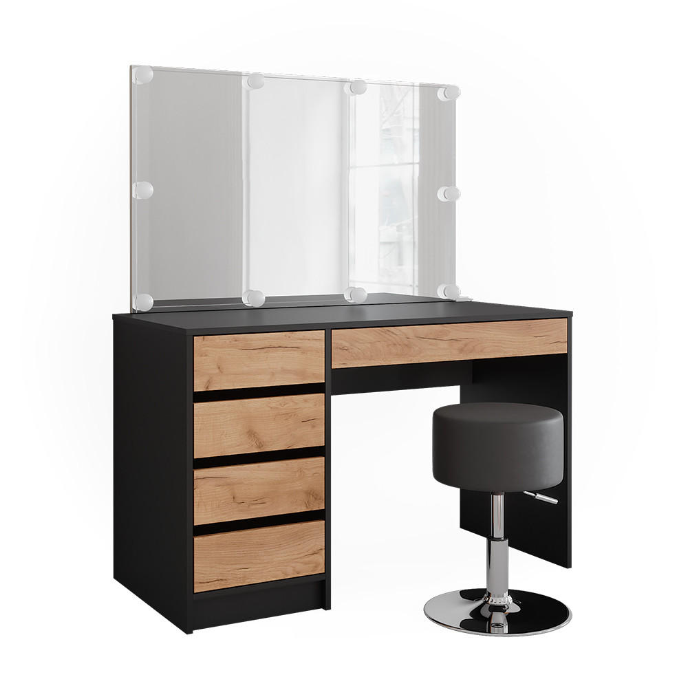 SCHMINKTISCH Sherry Anthrazit/Goldkraft Eiche 120 x 75 cm mit LED-Beleuchtung und Hocker - Honigeiche/Anthrazit, Holzwerkstoff (120/75/55cm) - Vicco