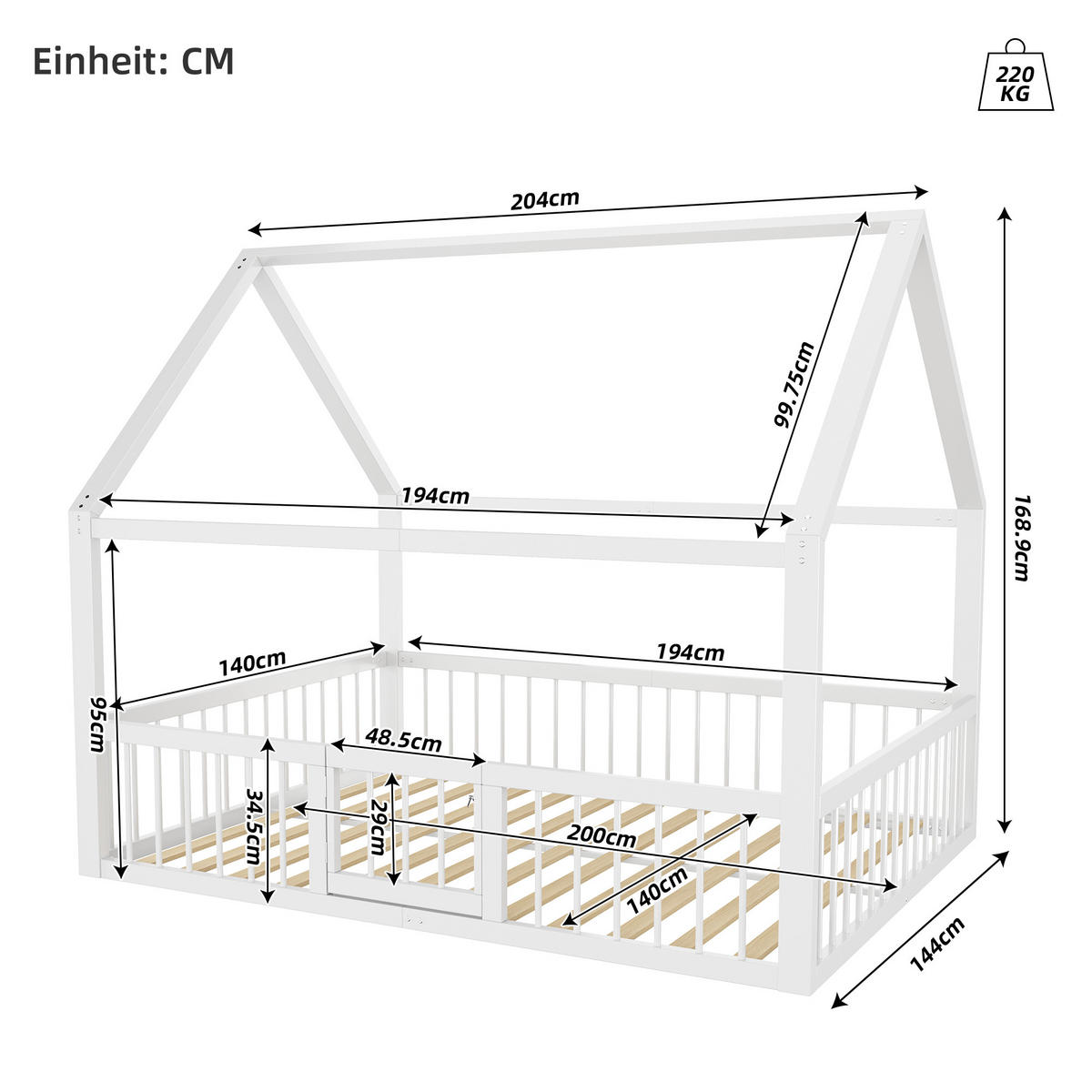 HAUSBETT 140 x 200 cm in Weiß Metall，Ohne Matratze - Weiß, Metall (140/200cm) - KOMHTOM