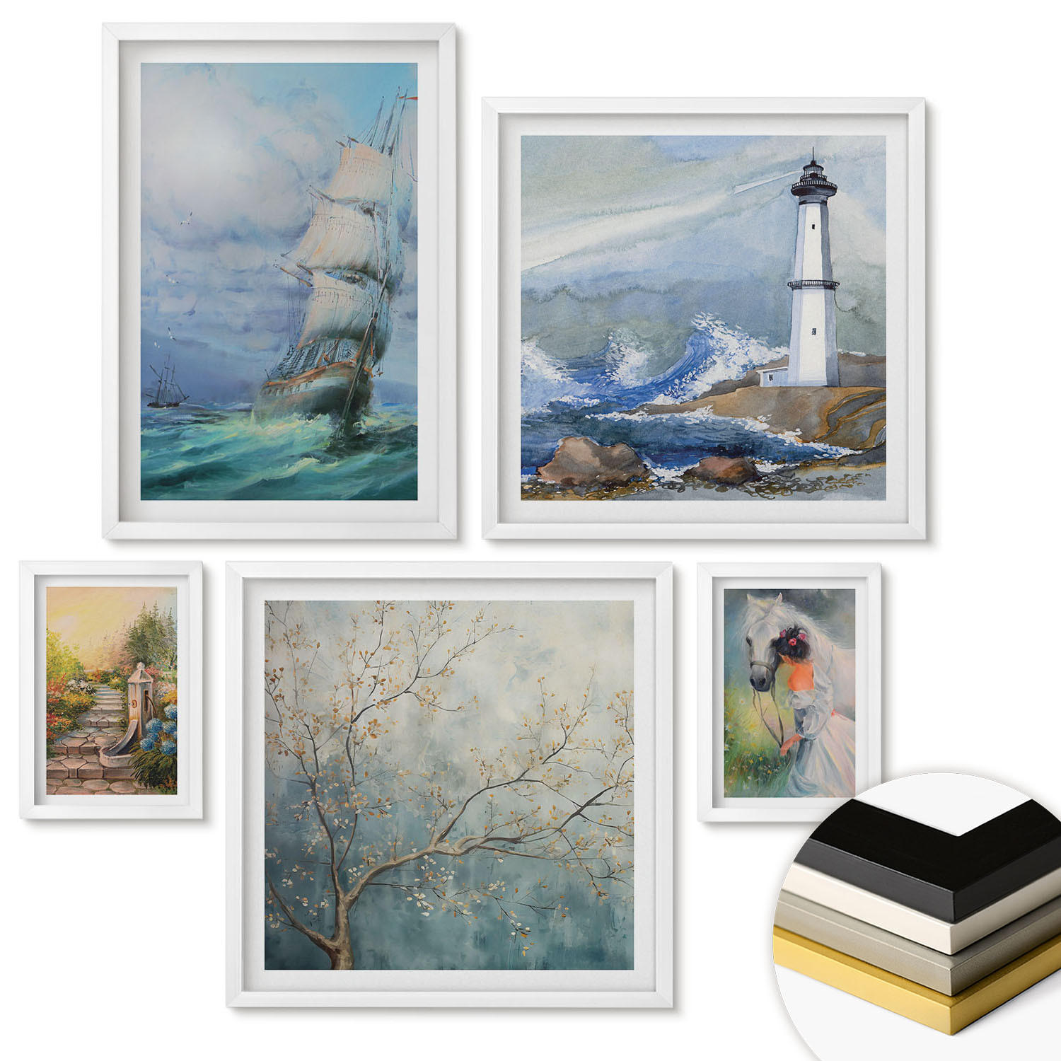 WANDBILDER 5er-Set - 50x50 cm & 20x30 cm & 40x60 cm Weißer Rahmen - Familienillustrationen Hausschilder - Weiß, Kunststoff (40/60cm) - ArtPrintCave