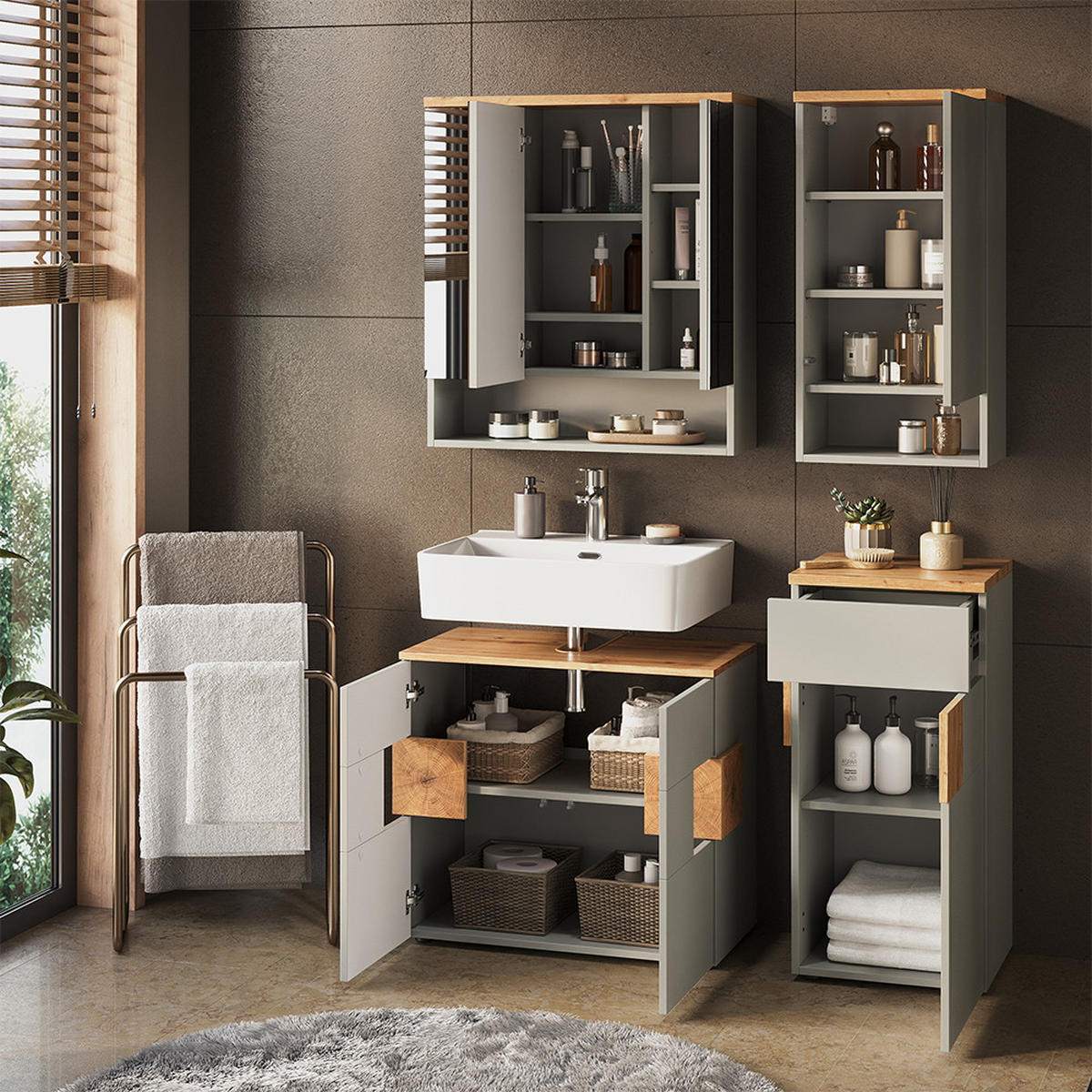 BADMÖBEL-SET Eden Grau/Artisan 4 Teile - Hellgrau/Grau, Holzwerkstoff (76/64/37cm) - Vicco
