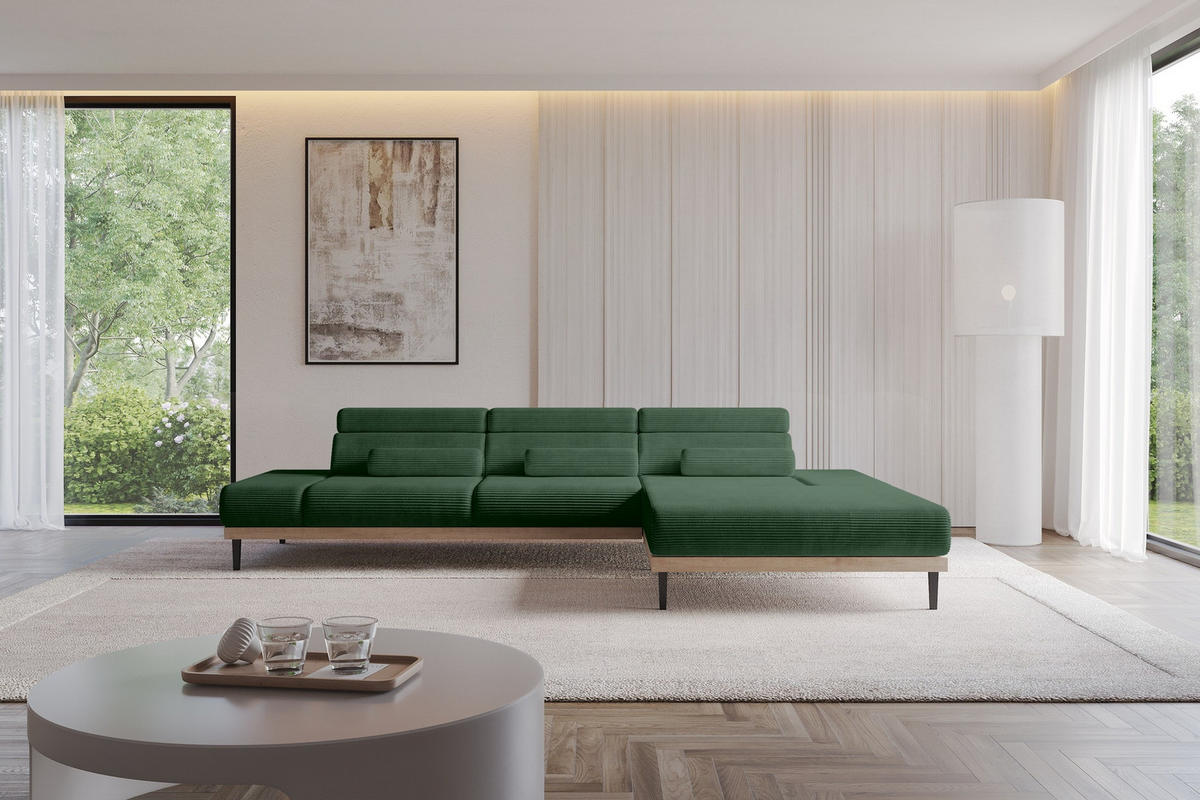 ELEKTRISCHES ECKSOFA Rechts MONA 316x205x85 Grün Cord - Salbeigrün/Grün, Holzwerkstoff/Textil (316/205cm) - ALTDECOR