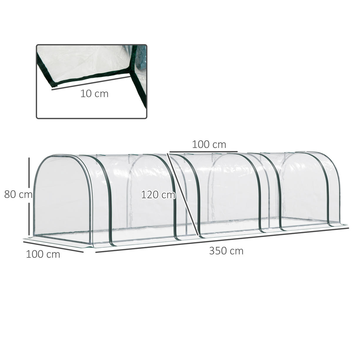 GEWÄCHSHAUS DE-11900 350/100/80 cm mit 3 Zip-Fenstern Grün - Transparent, Metall (100/80/350cm) - ComfortXL