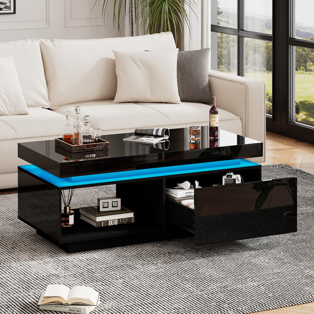 COUCHTISCH 100x50cm Schwarz Hochglanz LED Schublade 50kg Tragkraft - Schwarz, Holz (100/50/40cm) - FLIEKS