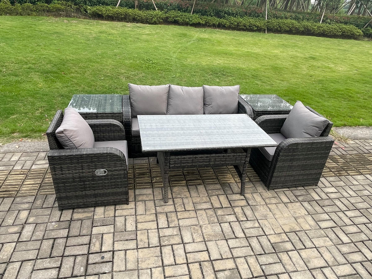GARTENSET mit 3-Sitzer-Sofa,Beistelltischen,Esstisch Polyrattan 5-Sitzer - Dunkelgrau/Grau, Glas/Kunststoff - Fimous