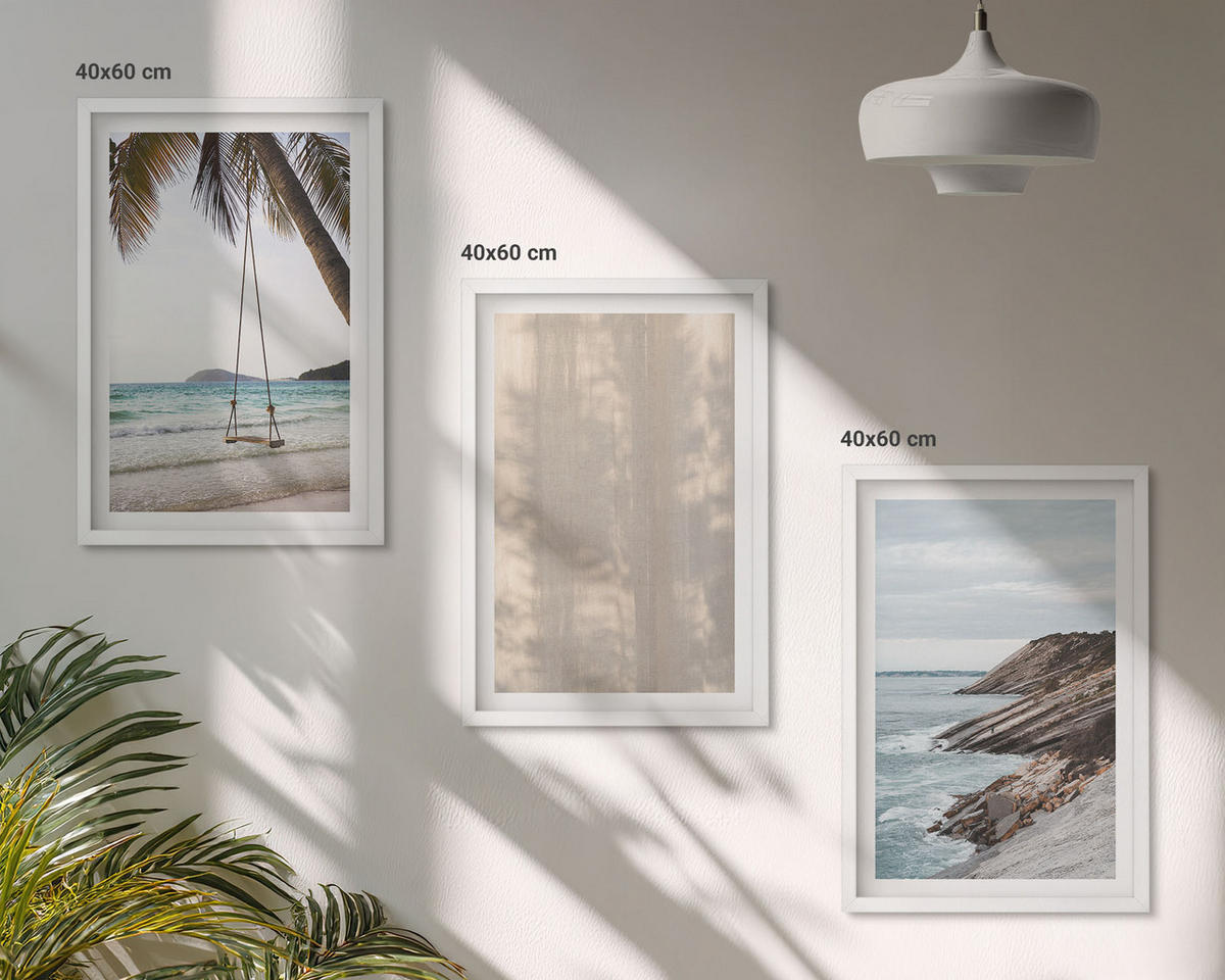 WANDBILDER 3er-Set - 40x60 cm Weißer Rahmen - Sommerlicher Sandstrand mit Meerblick - Weiß, Kunststoff (40/60cm) - ArtPrintCave