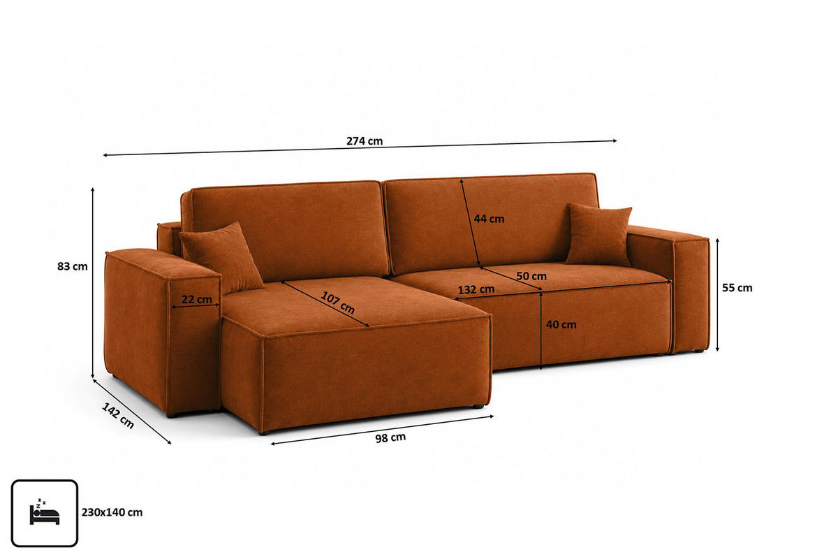 ECKSOFA L-Form Mit Schlaffunktion Und Bettkasten, Veloursstoff Bluvel, Zimtfarbe, Links, BEST XL - Kupferfarben, Holz (274/142cm) - Kaiser Möbel