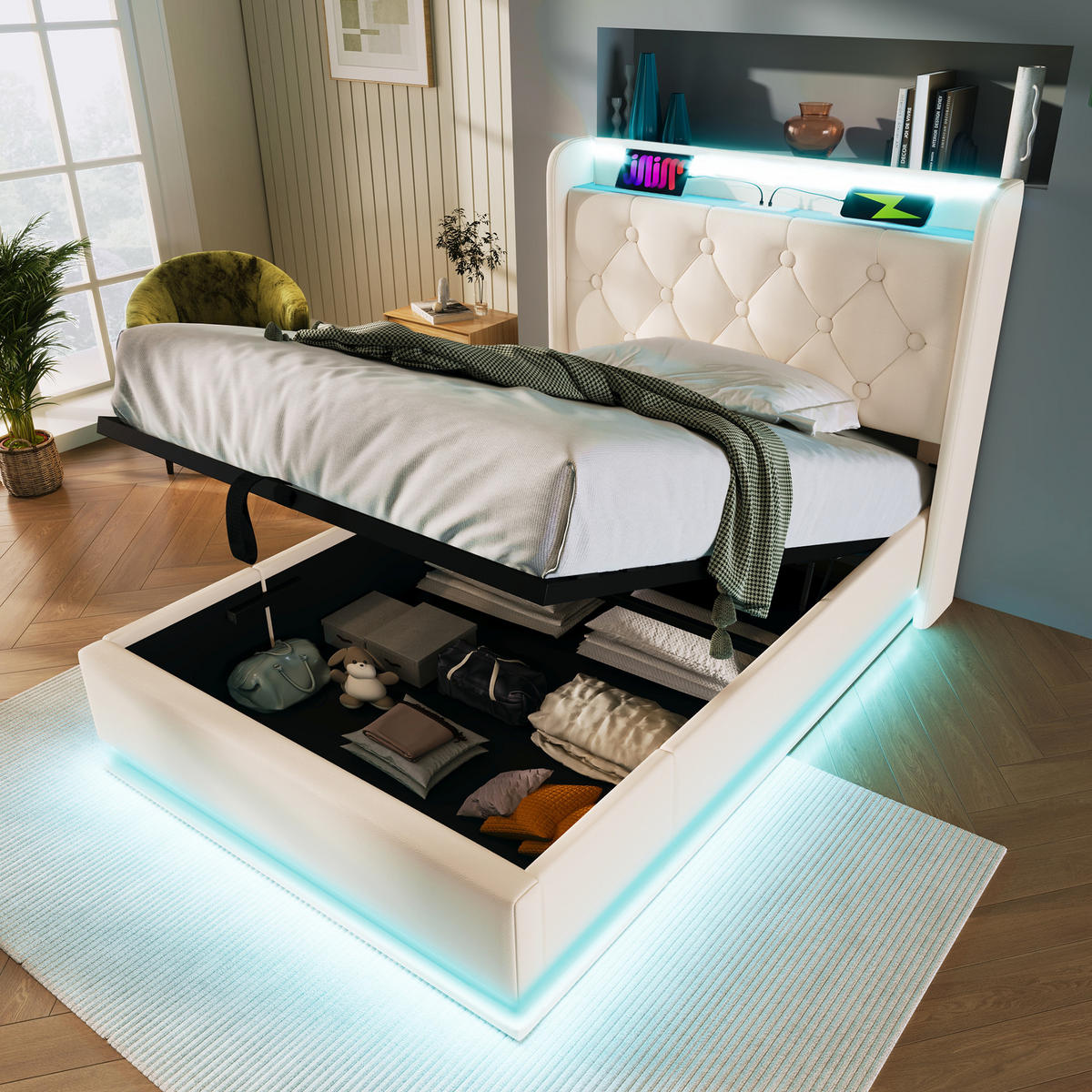 POLSTERBETT 90/200 cm Weiß mit 360-Grad-LED-Funktion und USB-Typ-C-Anschluss - Weiß, Kunststoff (90/200cm) - OKWISH