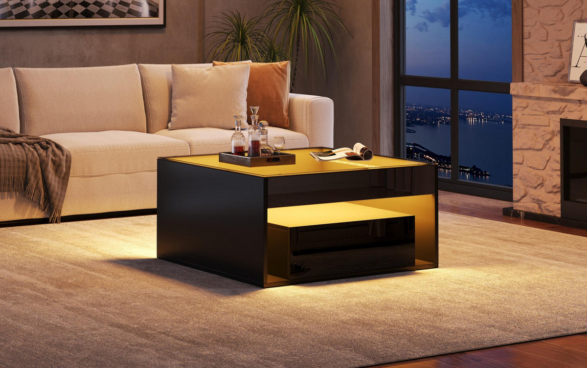 COUCHTISCH 70/70/35 cm mit 2 Schubladen, LED-Beleuchtung und Glasplatte, Schwarz - Schwarz, Holzwerkstoff (70/70/35cm) - Redom