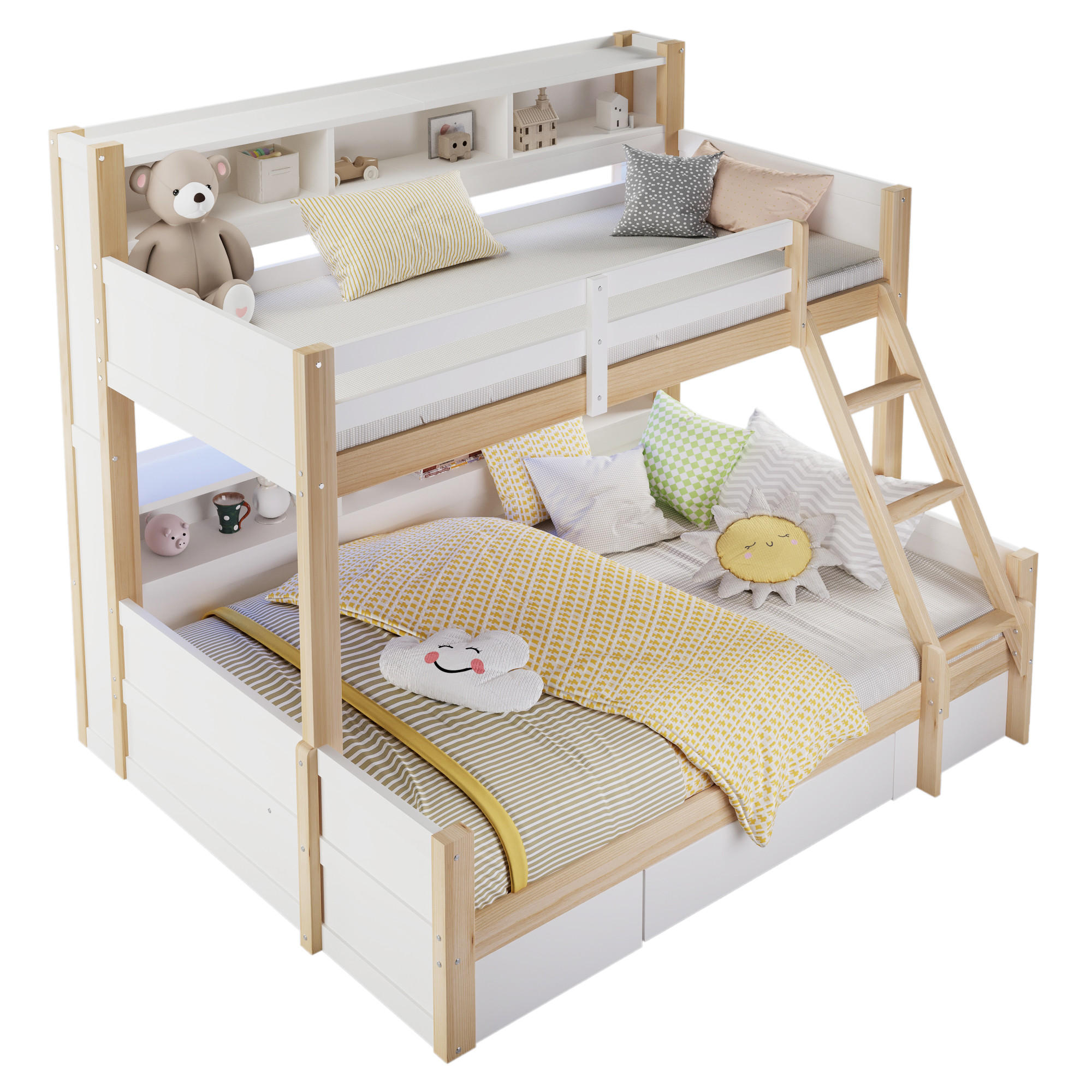 ETAGENBETT mit LED und Stauraum 90x200/140x200 cm Weiß/Natur - Wildeiche, Holz (140/200cm) - Meubliv
