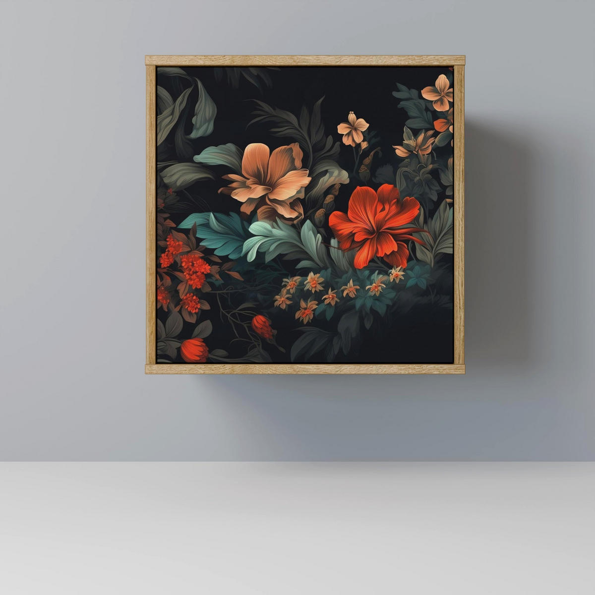 SIDEBOARD IMAGINARY BLOSSOM, Eichefarben, 57,5x42x70,5 cm, Schwarze Metall-Sternfüße - Eichefarben/Multicolor, Holzwerkstoff/Metall (57.5/70.5/42cm) - SpaceRebels