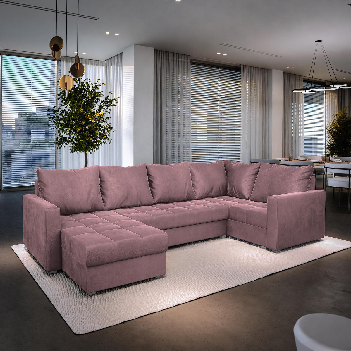 WOHNLANDSCHAFT LORIVO L-S Rosa Plüsch-Stoff mit Schlaffunktion - Rosa, Holz (285/85/150cm) - MASSENO