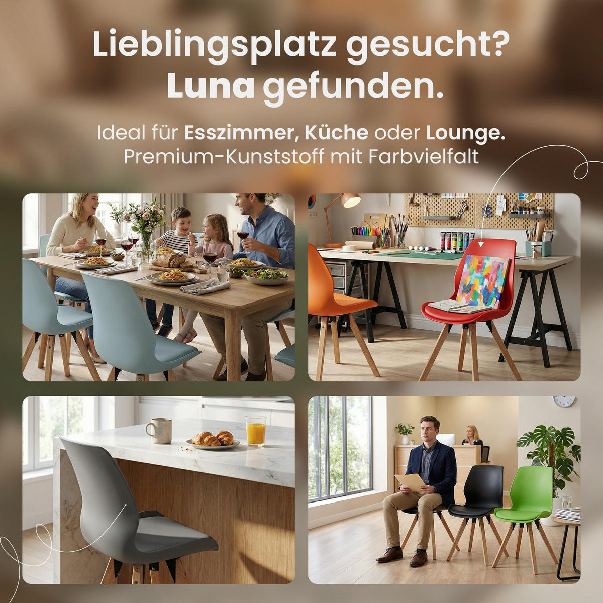 STUHL 4er Set Kunststoff Weiß - Eukalyptusholzfarben/Weiß, Holz/Kunststoff (49/87/58cm) - CLP