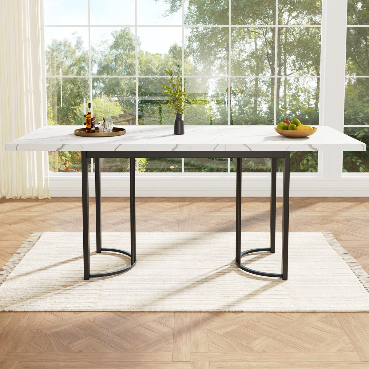 ESSTISCH 140-180x80x76 cm in Weiß und Schwarz aus MDF mit Marmoroptik und Teleskopfunktion - Weiß, Holzwerkstoff (179/80/75.5cm) - Modfu
