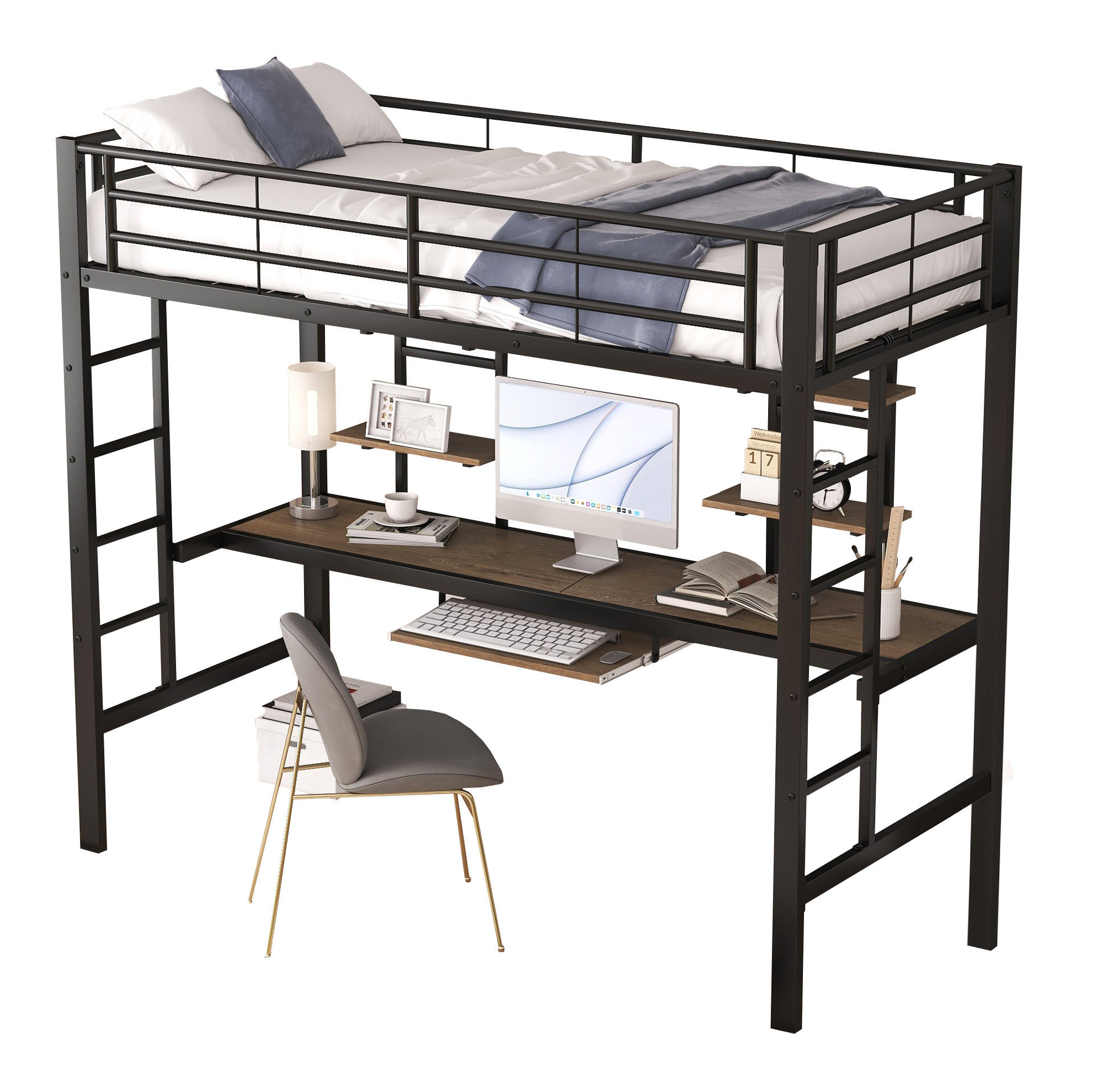 HOCHBETT 90/200 cm aus Metall mit Schreibtisch und 2 Regalen in Schwarz - Schwarz, Metall (90/200cm) - Flora Grace
