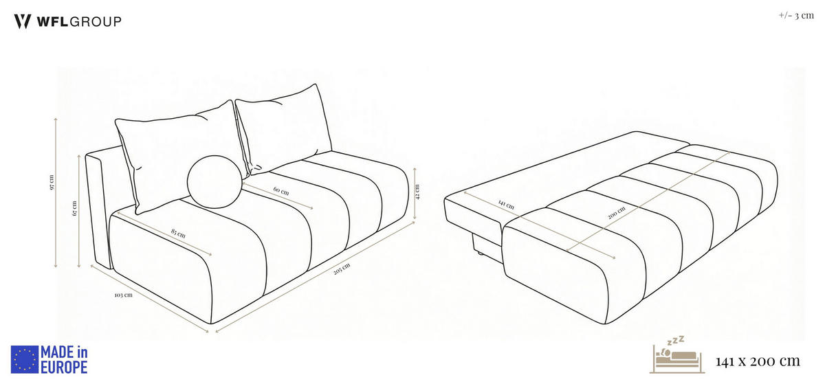 SCHLAFSOFA Milla mit Bettkasten, Creme Weiß 205/97/103 cm - Schwarz/Weiß, Textil/Metall (205/97/103cm) - WFL GROUP