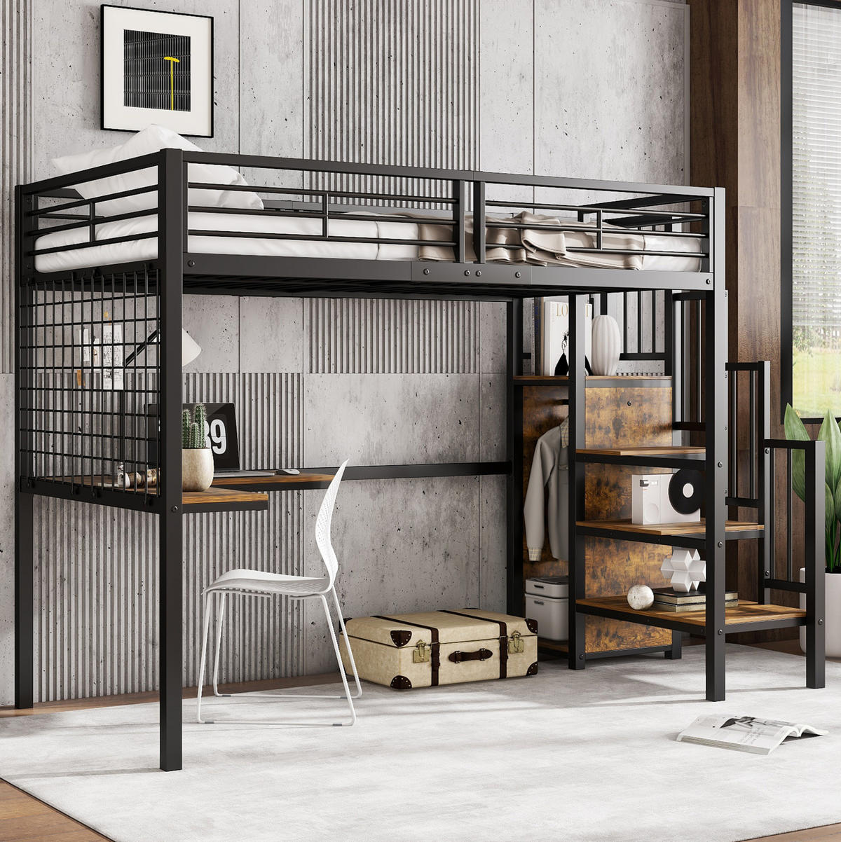HOCHBETT 90/200 cm, Schwarz mit Kleiderschrank und seitlichen Holztreppen - Schwarz, Metall (90/200cm) - MIVRAY