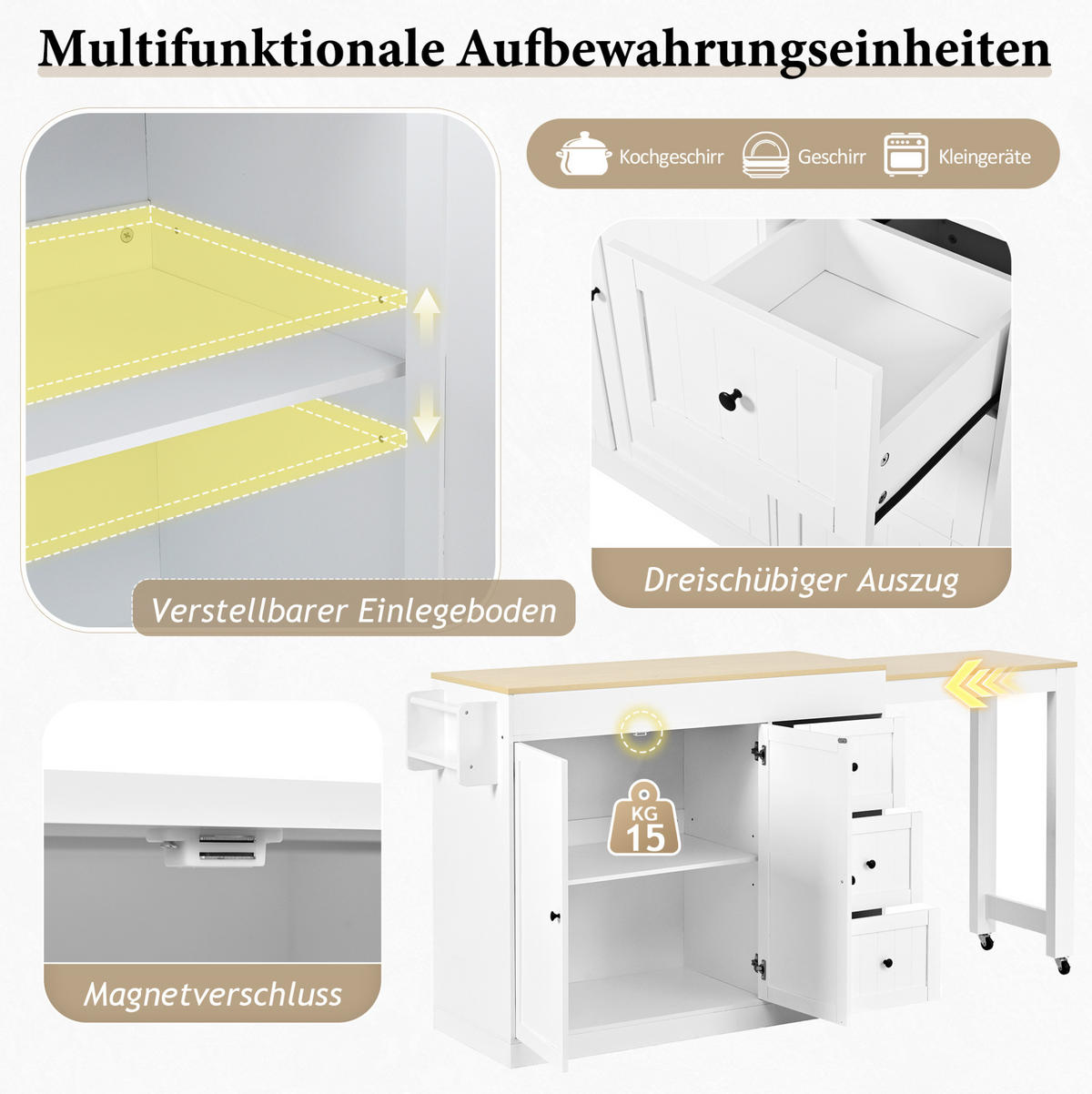 KÜCHENINSEL mit ausziehbarer Arbeitsplatte 112-186,8 x 45 x 93 cm Weiß - Weiß, Holz (45/93/130cm) - Beauniv