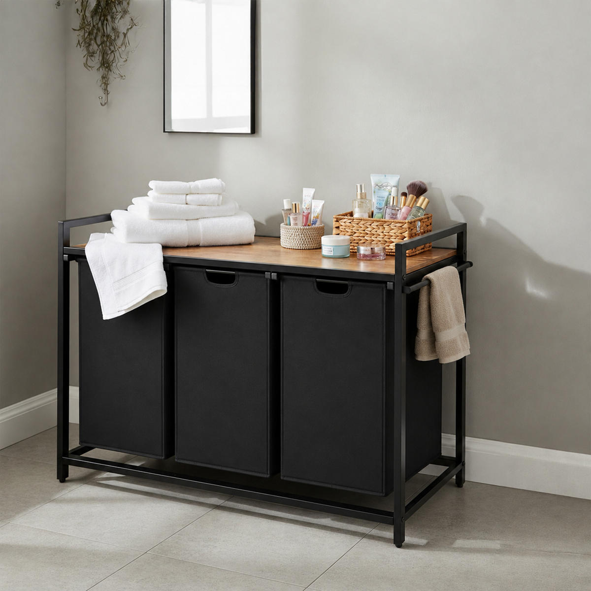 COȘ Negru de rufe 3 compartimente - negru, material textil/compozit lemnos (109.5/73.5/33cm) - Relaxdays
