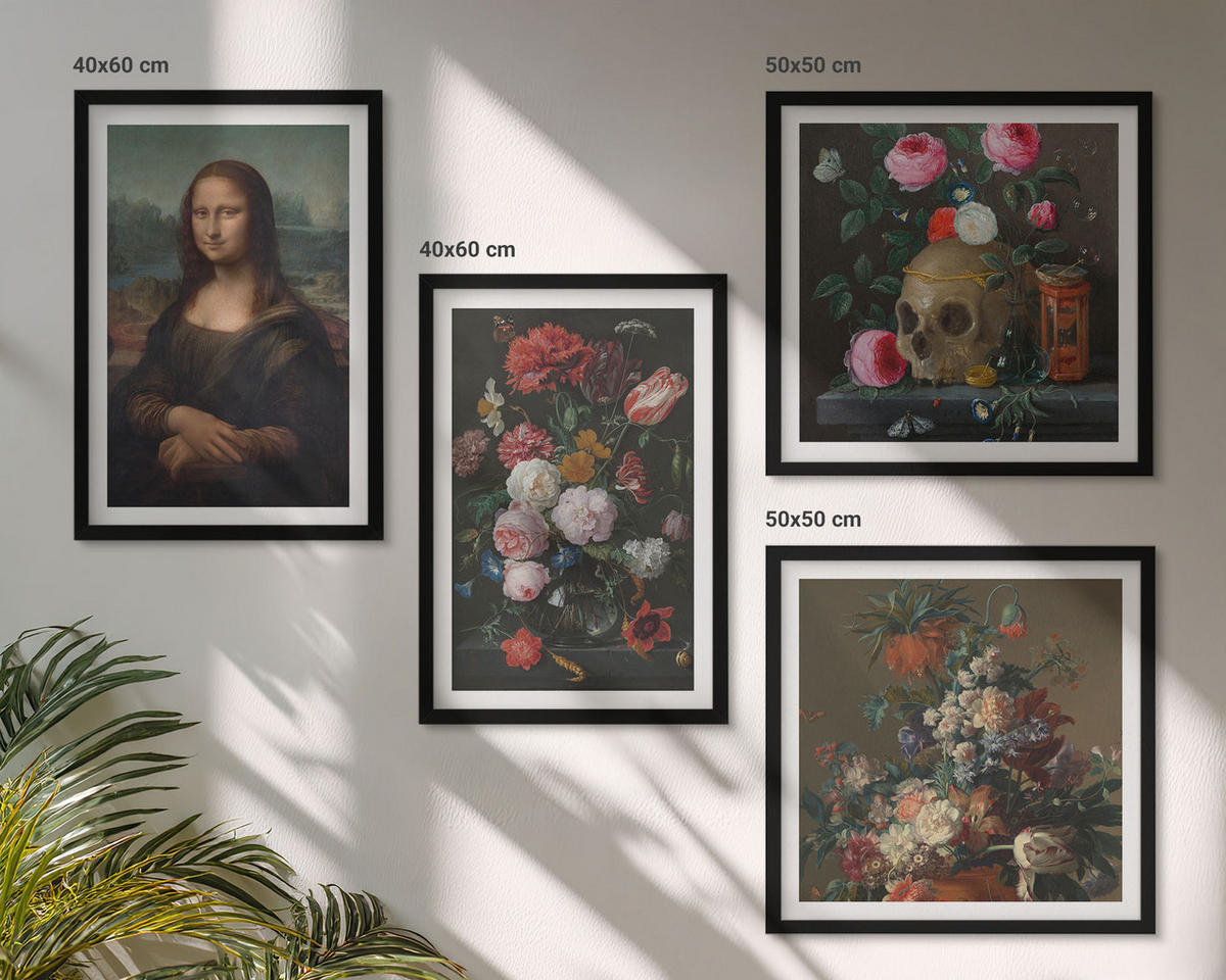 BILDER SET 4er Set - 50x50 cm & 40x60 cm Schwarzer Rahmen - Vintage Blumen Totenkopf Mona Lisa - Schwarz, Kunststoff (50/50cm) - TULUP