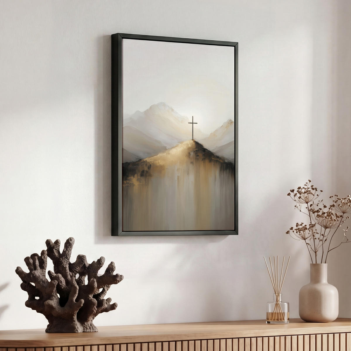 LEINWAND Bilder mit Rahmen - Hügel - Abstrakt - Kreuz - Christentum - 30x40 - Beige, Textil (30/40cm) - MuchoWow