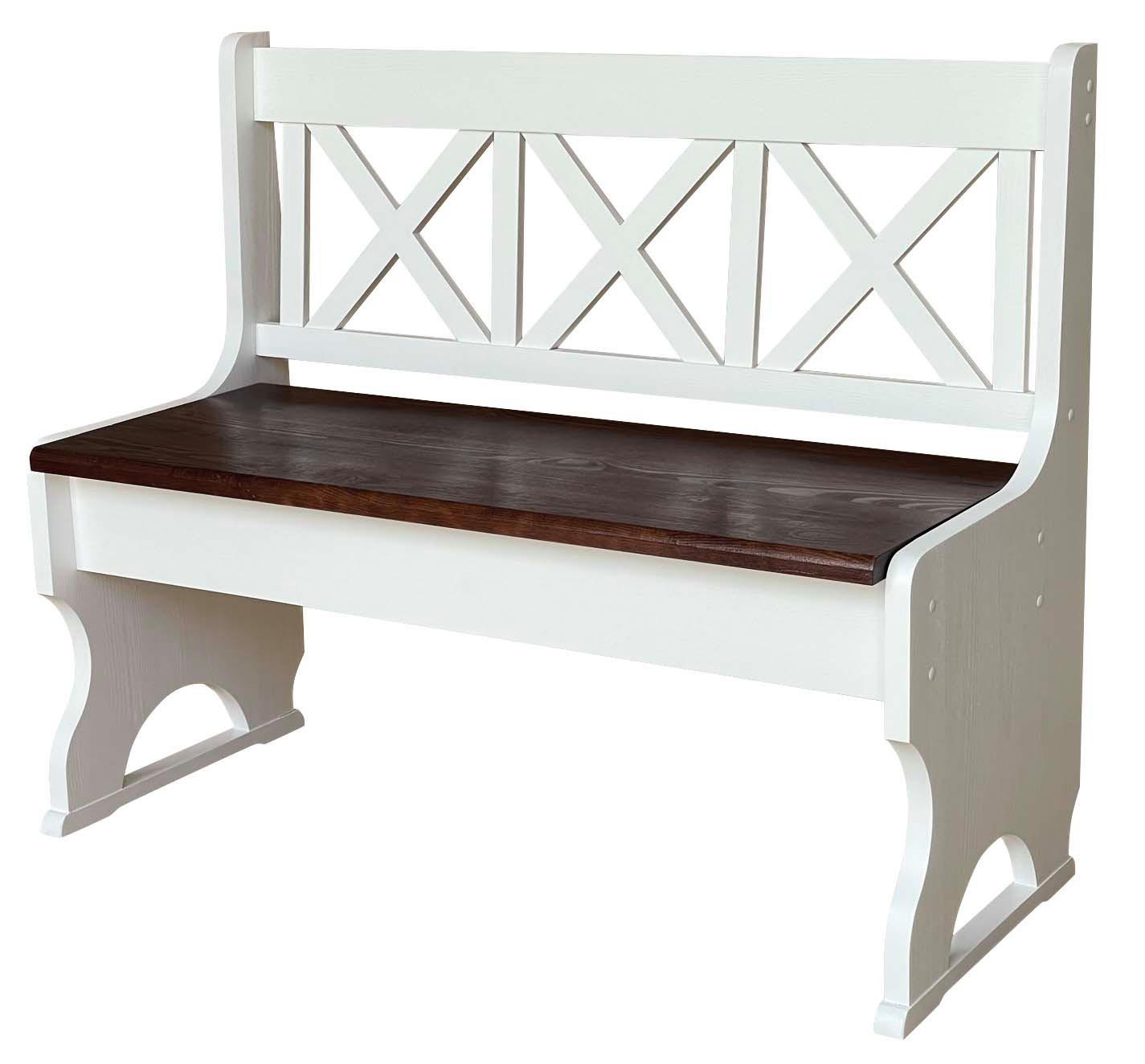 LANDHAUSBANK aus Kiefernholz mit Kreuzlehne, Weiss/Nuss, 105 cm - Walnussfarben, Holz (105/86/36cm)