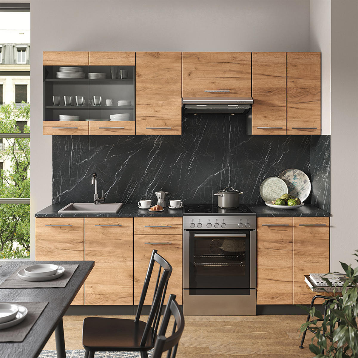 KÜCHENZEILE Fame-Line Goldkraft Eiche/Anthrazit 240 cm, AP Eiche - Anthrazit/Eiche Wotan, Holzwerkstoff (240/81.6/60cm) - Vicco