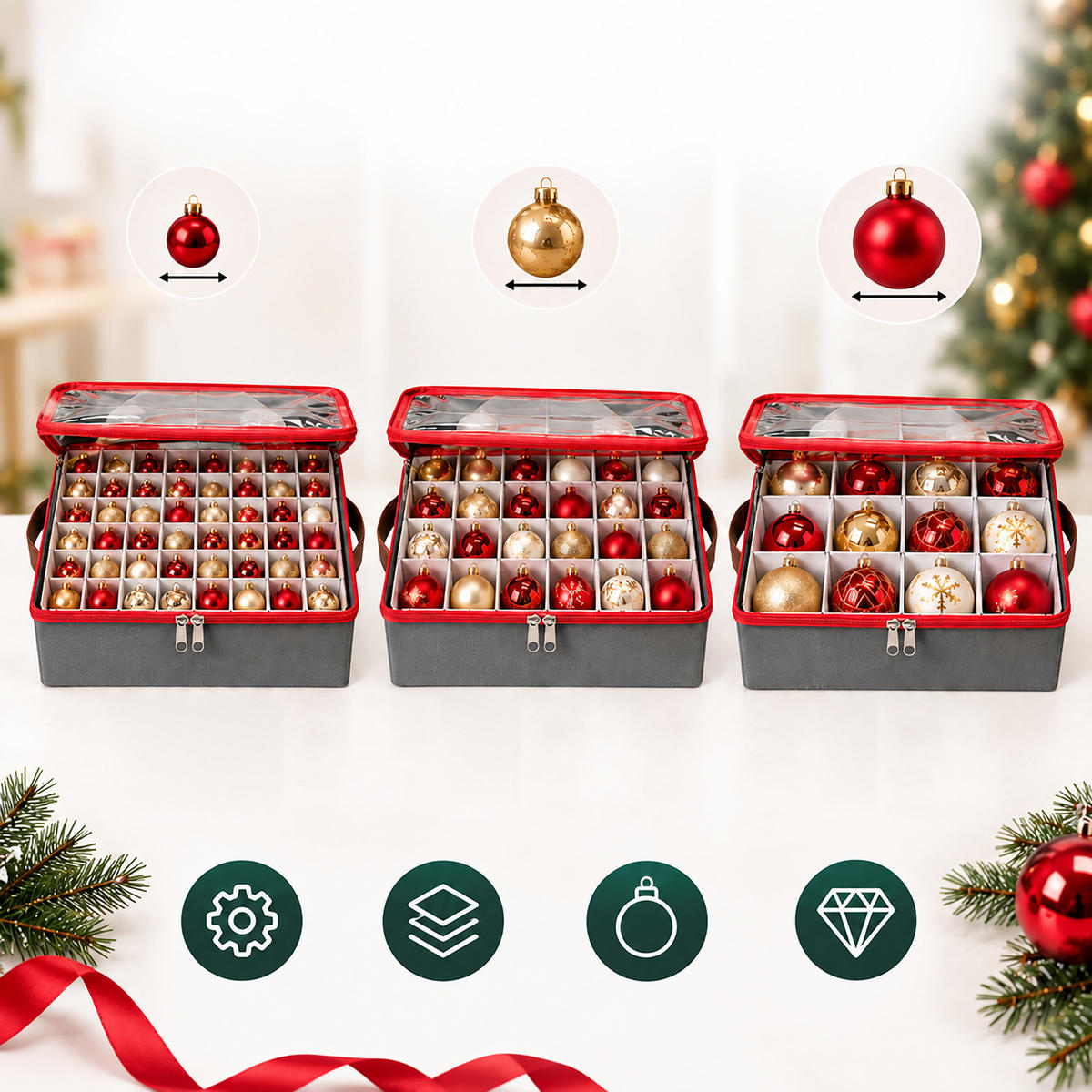 AUFBEWAHRUNGSBOX Grau 4er-Set für Weihnachtskugeln - Grau, Wellpappe/Kunststoff (32.5/36/32.5cm) - Relaxdays